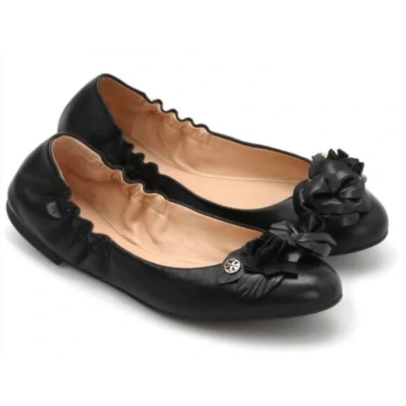 Tory Burch Blossom Ballet Flats Scrunch Black Leather Floral Ric Rac Preppy 7 - Picture 1 of 8
